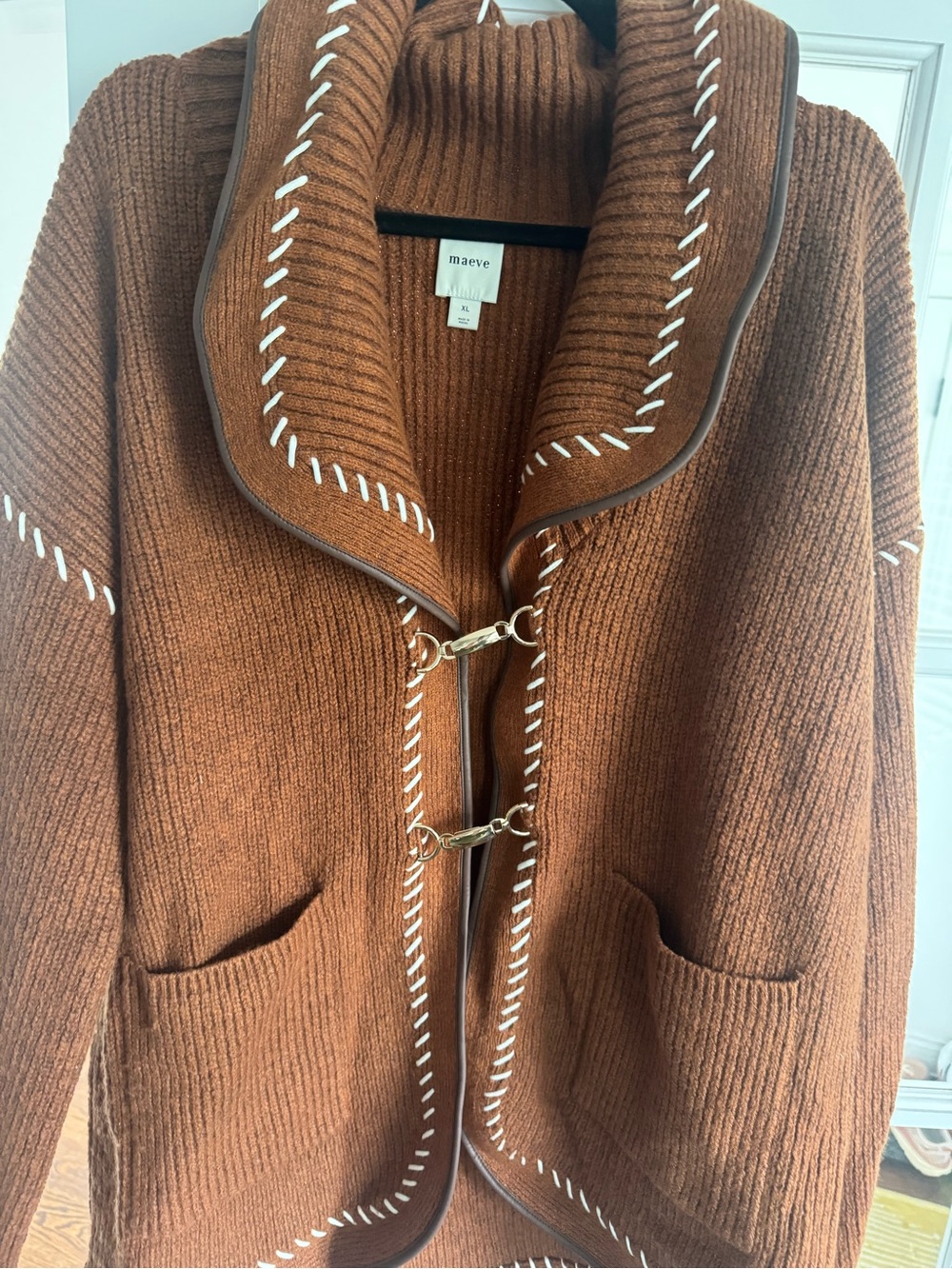 NWT Anthropologie Maeve Faux Leather Trim Whipstitch Cardigan Sweater - Picture 5 of 8